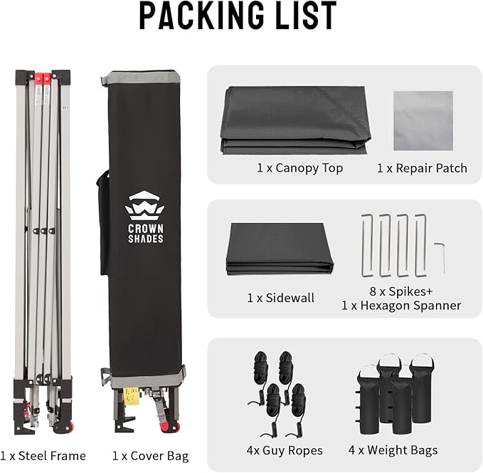 CROWN SHADES 10x10 Pop Up Canopy with 1 Side Wall - Beach Tent with One Push Setup - Outdoor Sun Shade for Events, Parties, Camping - Gazebo with STO-N-Go Cover Bag (Grid Grey)