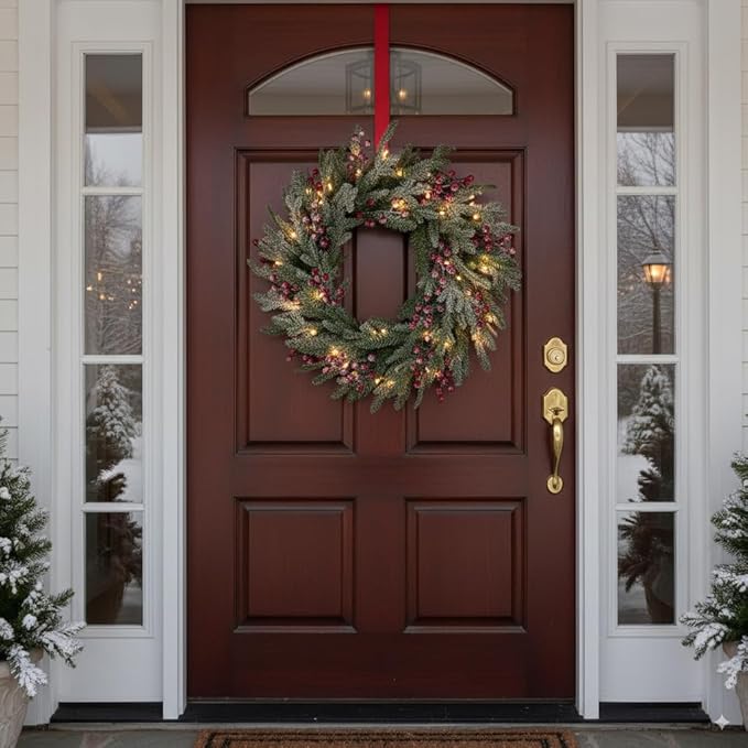 24" Prelit Christmas Wreath with LED Lights, Snow-Flocked Pine, Red Berries & Pine Cones, Holiday Front Door Decoration