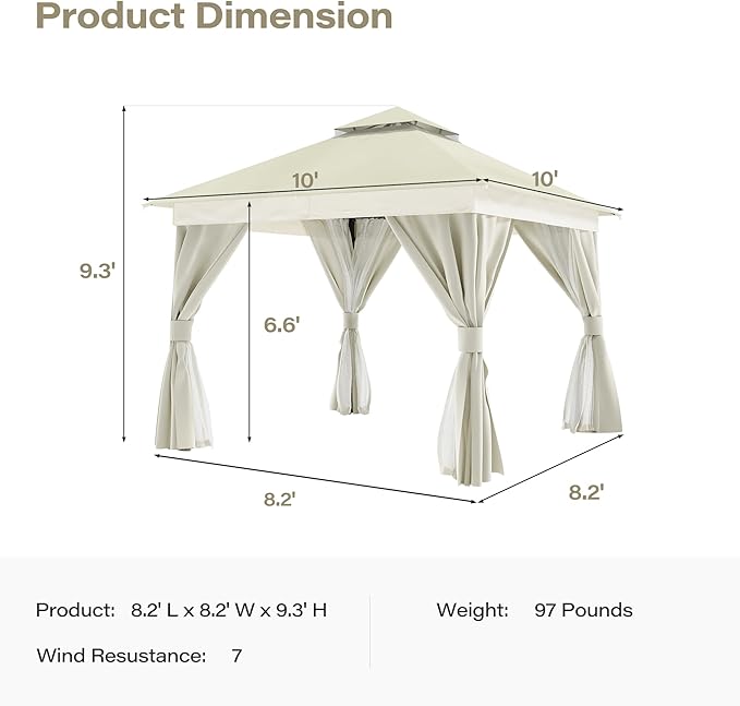 LAUSAINT HOME 10x10ft Outdoor Patio Gazebo with Double Roof, Heavy Duty Waterproof Gazebo Canopy Tent with Mosquito Netting for Backyard, Garden, Lawn & Wedding, Cream White