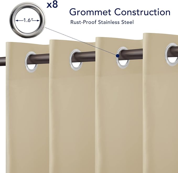 PureFit Outdoor Curtains for Patio Waterproof Weatherproof, UV Resistant Outside Curtains for Gazebo, Front Porch, Pergola, Sun Blocking Privacy Curtain, 52W x 108L inch, Set of 2, Beige