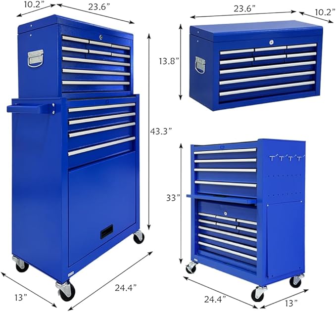13-Drawer Rolling Tool Chest with Wheels,2 in 1 Detachable Rolling Tool box with Drawers,Large ToolBox with Lock,Mobile Steel Tool Cabinet Storage for Warehouse,Garage-Blue