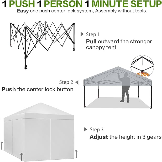 10X10 Comercial Pop Up Canopy Tent with 4 Sidewalls and 6 Pockets, One Push Setup Center Lock, for Beach Patio Outdoor, Case, 8 Stakes, 4 Ropes, 4 Sandbags (Snow White)