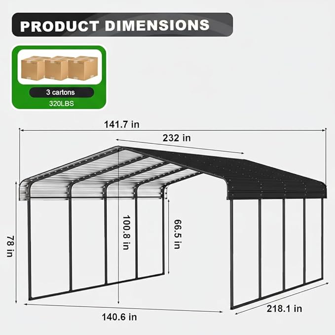 12x20FT Metal Carport Kits, Heavy Duty Car Ports on Clearance with Galvanized Metal Roof, Outdoor Garage Car Shelter Shade for Car, Boats and Truck (Dark Gray), Gift for Dad