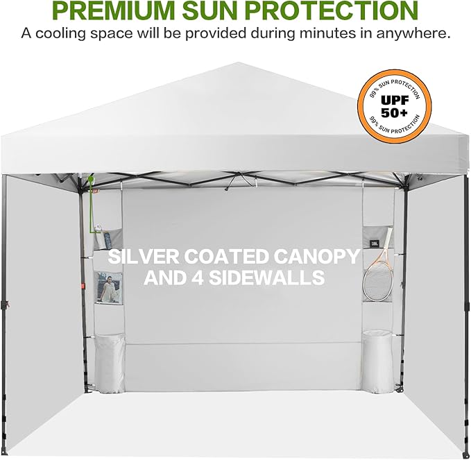 10X10 Comercial Pop Up Canopy Tent with 4 Sidewalls and 6 Pockets, One Push Setup Center Lock, for Beach Patio Outdoor, Case, 8 Stakes, 4 Ropes, 4 Sandbags (Snow White)