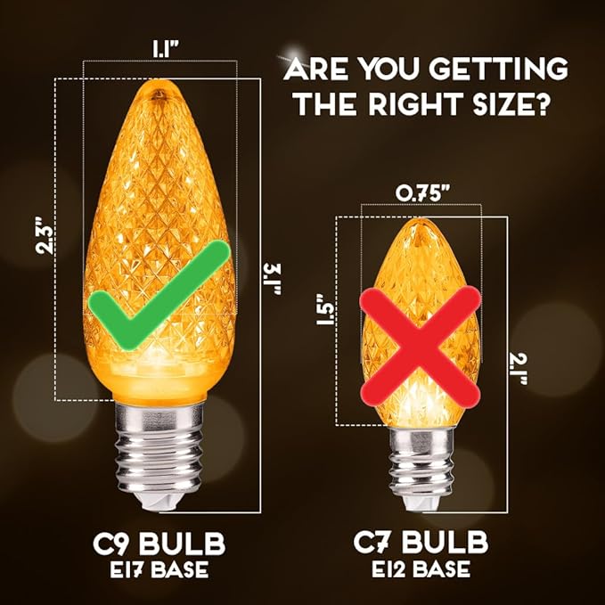 HLO Lighting Set of 25 Yellow C9 Faceted LED Christmas Light Bulbs for Indoor & Outdoor Use | Durable Replacement Bulbs