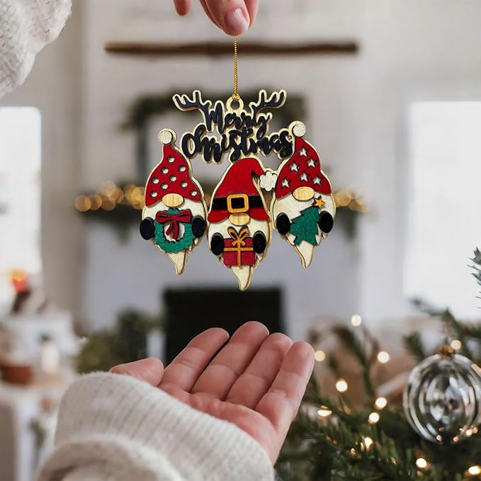 Christmas Gnome Ornament – Wooden Merry Christmas Hanging Decoration with Santa, Gift, Tree & Wreath Design, Rustic Farmhouse Christmas Tree Ornament, Holiday Decor for Home & Office