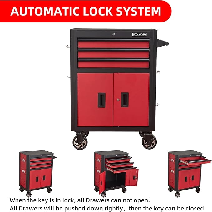 Rolling Tool Chest with Locking Wheels - Tool Box with 3 Drawers & 1 Big Tool Cabinet with 2 Door, 18.5 D x 28 W x 40 H Mobile Tool Storage Cabinet, Heavy-Duty Garage Organizer w/Ergonomic Handle