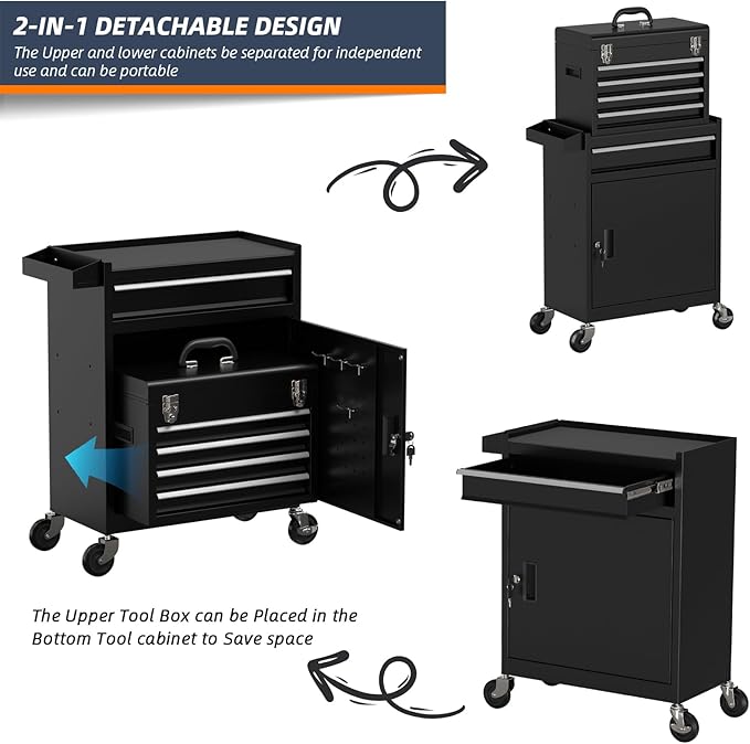 5-Drawer High Capacity Rolling Tool Box, Removable Cabinet Storage Tool Chest with Wheels and Drawers, Detachable Toolbox with Lock for Mechanics Garage Workshop and Tool Room (Black)