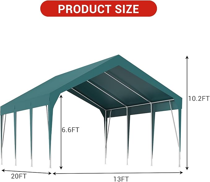 13x20FT Industrial-Strength Portable Carport, Waterproof Outdoor Canopy Shelter with Sturdy Steel Frame, Adjustable Height for Vehicle Boat Storage
