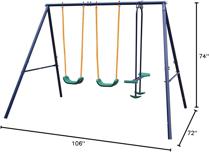 Outdoor Garden Swing Set with Four Seats A-Frame Heavy-Duty Steel with 1 Seesaw and 2 Swings Play Set for Kids