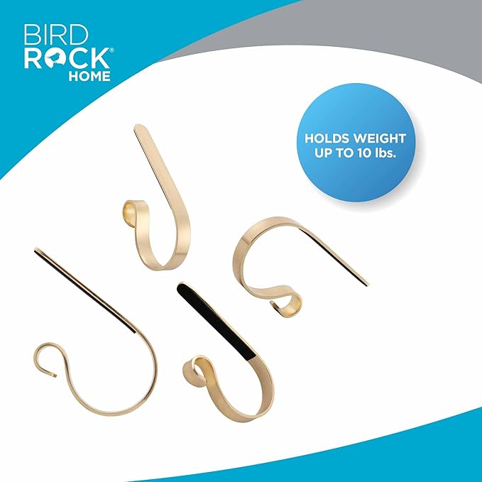BIRDROCK HOME Christmas Stocking Mantel Hooks - Metal Fireplace Hanger with Non-Slip Pads - Holds Up to 10 lbs - Ideal for Hanging Stockings, Garland & Holiday Decor - 4 Pack, Scroll Design (Gold)
