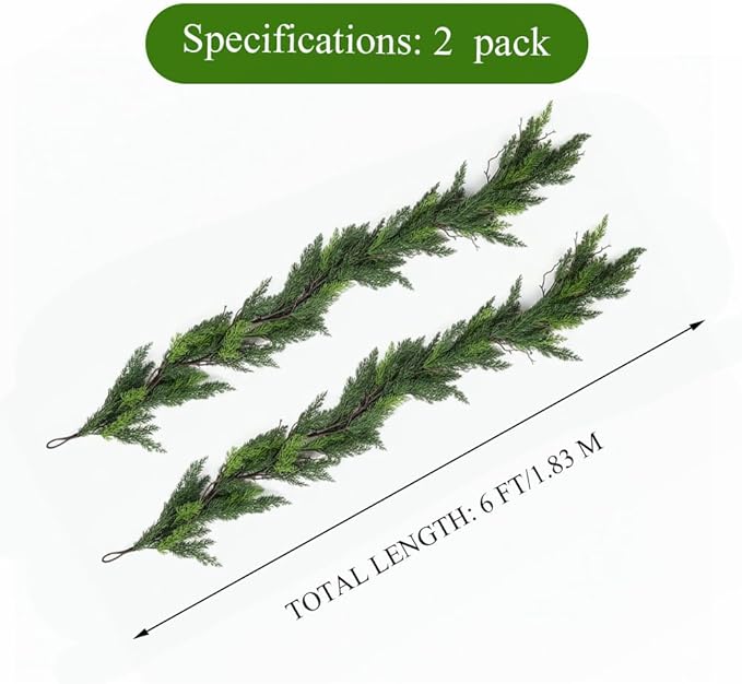 2 pcs 6ft Christmas Real Touch Cypress Garlands with Withered Branches,Suitable for Gifting,Faux Pine Garlands for Xmas Decoration Indoor Stairs Table Railing Fireplace Outdoor (2，6FT)