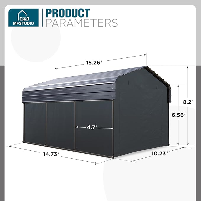 MFSTUDIO Carport 10x15 ft, Outdoor Heavy Duty Carports with Sidewalls, Metal Shed Canopy Shelters Garage Shelter Shade Car Ports with Galvanized Roof for Cars, Truck and Boats