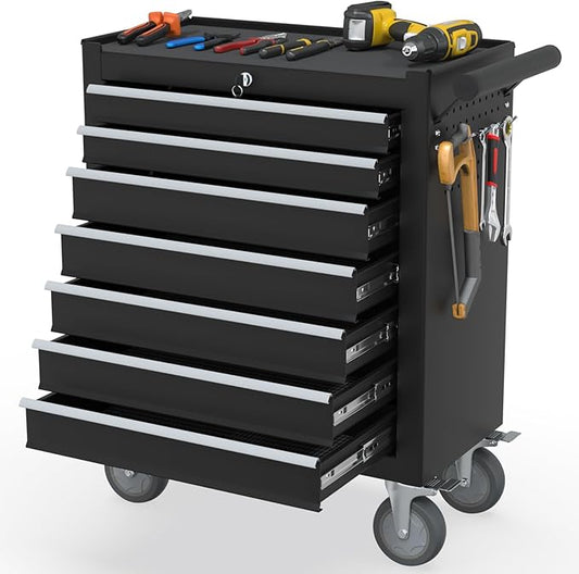 7 Drawer Rolling Tool Chest with Wheels, Portable Tool Cart with Drawers, Storage Cabinet for Garage, Warehouse and Repair Shop (Black)