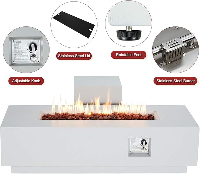 ECOTOUGE 56''Gas Fire Pit, Outdoor Propane Firepit Table w/Side Handles, Auto-Ignition Rectangle Steel Fire Table, 50,000 BTU Concrete fire Pit w/Weather-Resistant Pit Cover£¨White, No Tank Cover£©