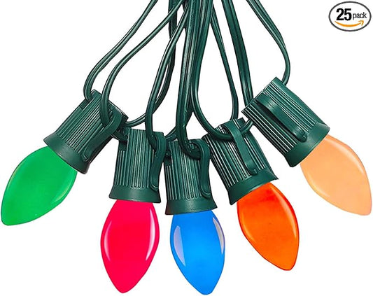 C7 LED Christmas String Lights,Vintage 25Ft Outdoor Multicolor String Lights with 27 Energy-Efficient Waterproof Glass LED Bulbs for Christmas Backyard Carnival,Patio,Wedding,Holiday Decoration.
