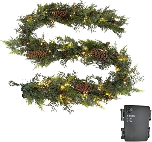 8 Foot Prelit Natural Garland with 50 Warm White LED Lights with Timer Function | Realistic Cedar and Mixed Greenery Holiday Decoration, for Front Door, Mantel, and Home Decor