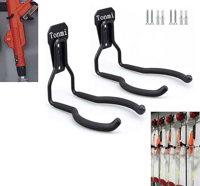 2Pcs Garden Power Tool Hanger, String Trimmer Hangers, Weed Eater Wall Mount, Weedeater Rack, Leaf Blower Holder, Chainsaw Hanging Hooks, Perfect for Garage Tool Organizers and Storage, No Trimmers
