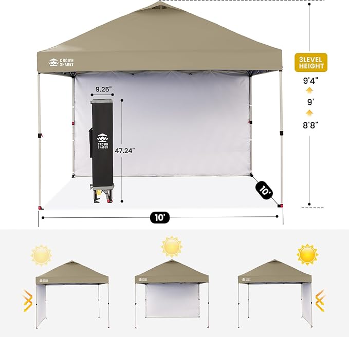 CROWN SHADES 10x10 Pop Up Canopy with 1 Side Wall - Beach Tent with One Push Setup - Outdoor Sun Shade for Events, Parties, Camping - Gazebo with STO-N-Go Cover Bag (Beige)