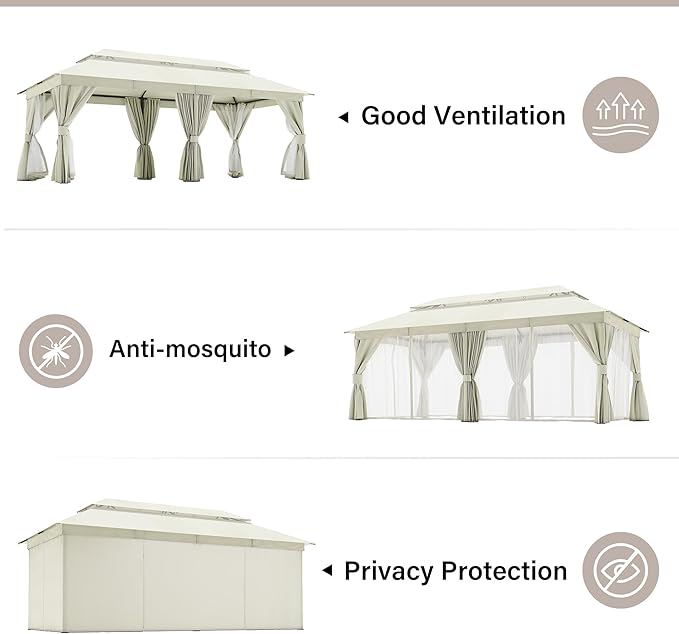 LAUSAINT HOME Semi-permanent Patio Gazebo 10'x20' with Expansion Bolts, Outdoor Heavy Duty Party Shelter with Double Roof, Mosquito Nettings and Privacy Screens for Backyard, Garden, Lawn, Cream White
