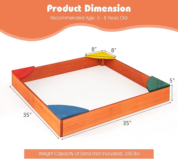 Costzon Kids Wooden Sandbox, Wood Cedar Square Sand Box with 4 Colorful Built-in Corner Seating, Bottomless Structure, Children Outdoor Beach Backyard Play Furniture for Ages 3-8