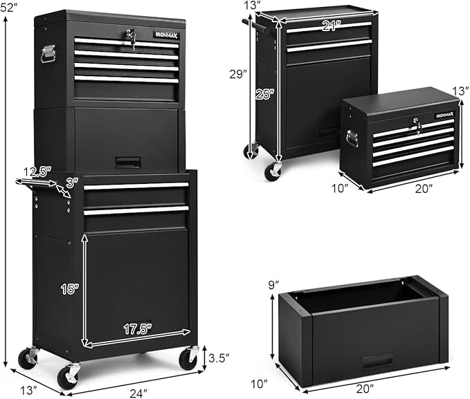 IRONMAX Tool Cabinet on Wheels, 6-Drawer Lockable Rolling Tool Chest w/ 4 Universal Wheels, 2 in 1 Detachable Tool Box Storage Organizer for Garage Workshop Repair Shop, Black