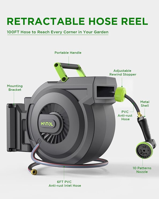 Retractable Garden Hose Reel, 1/2 Inch x 100 ft + 6 ft Wall Mount Hose Reel with Automatic Slow Rewind System, Any Length Lock, 10 Patterns Hose Nozzle, 180¡ÆSwivel Bracket, for Garden Watering