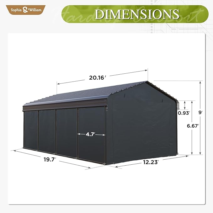 Carport Car Port Metal Canopy 12x20 ft Heavy Duty for Snow, Portable Garage Kit Shed Tent Shelter Metal Frame All Weather Outdoor for Boat with Removable Sidewalls, Dark Grey, Sophia & William