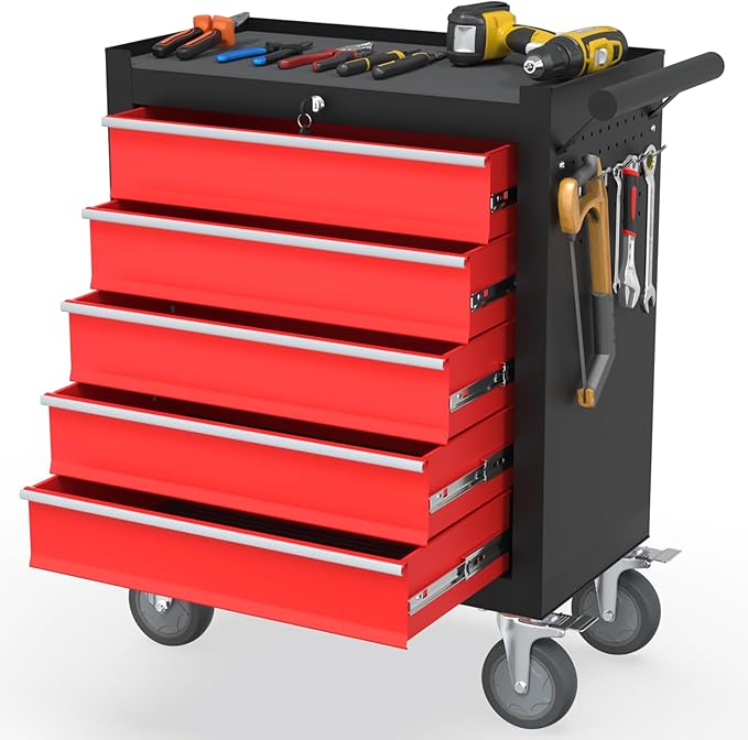 5-Drawer Rolling Tool Chest, Lockable Portable Storage Tool Chest with Wheels, Tool Box for Garage, Workshop, Warehouse & Repair Shop