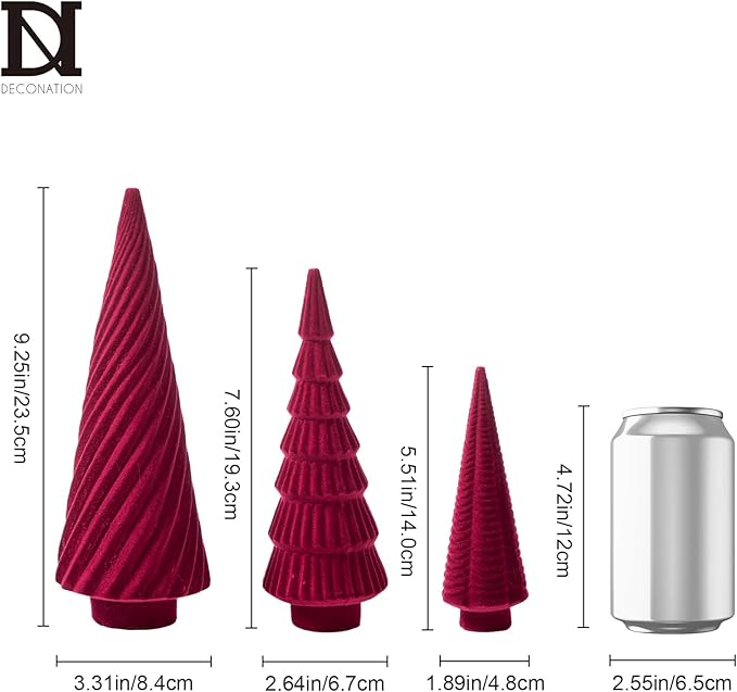 DN DECONATION 3Pcs Flocked Red Velvet Table Top Christmas Tree, Resin Xmas Tree Figurine Decor with Pine, Swirl & Wave Designs, Tree Statues Set for Christmas Indoor Decorations, Mantel, Entryway