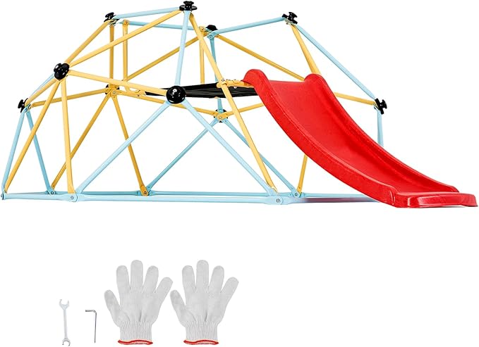 VEVOR Climbing Dome, 8FT Jungle Gym with Slide, Geometric Dome Climber Supports 600LBS and Easy Assembly for Kids 3 to 9 Years Old, with Climbing Grip, Outdoor and Indoor Play Equipment for Kids
