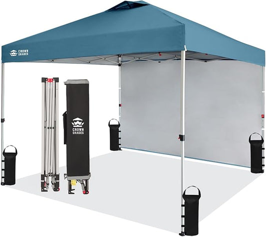 CROWN SHADES 10x10 Pop Up Canopy with 1 Side Wall - Beach Tent with One Push Setup - Outdoor Sun Shade for Events, Parties, Camping - Gazebo with STO-N-Go Cover Bag (Cyan Blue)