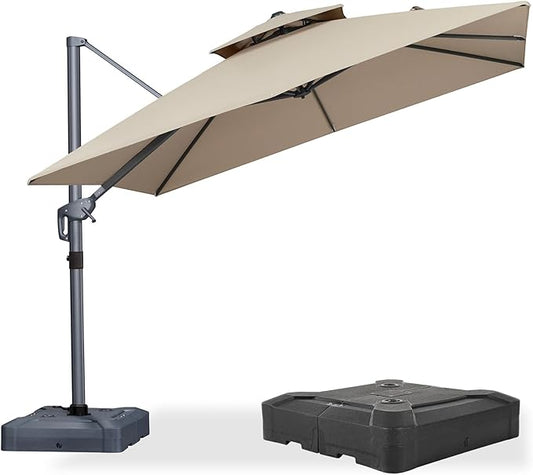 PURPLE LEAF 10 FT Cantilever Patio Umbrella Outdoor Umbrella with 220lbs Base Large Square Windproof Offset Umbrella for Pool Deck Garden, Sand Dune