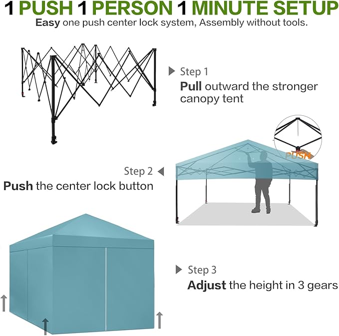 10X10 Comercial Pop Up Canopy Tent with 4 Sidewalls and 6 Pockets, One Push Setup Center Lock, for Beach Patio Outdoor, Case, 8 Stakes, 4 Ropes, 4 Sandbags (Sky Cyan)