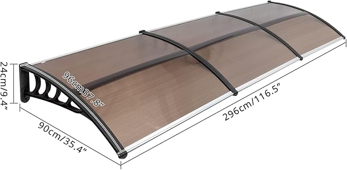 Window Awning Door Canopy Exterior- 38" x 120" Aluminum Door Awning, Polycarbonate Cover Patio Canopy Awning for House, Outside, Rain Snow & UV Resistant (Brown Board & Black Bracket)