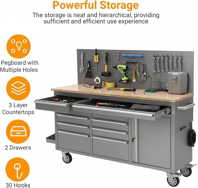 61 Inch Rolling Tool Chest, 10 Drawer Garage Tool Cabinet with Solid Rubber Wood Top, Heavy Duty Mobile Workbench with Power Strip, Lockable Steel Storage Organizer for Workshop and Home, Silver
