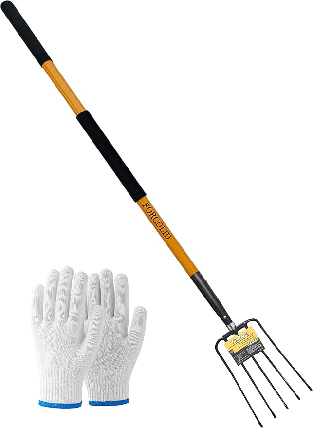 Pitch Fork-58 Inch£¬5-Tine Steel Garden Fork Heavy Duty, Mulch with Cushion Grip, Orange Fiberglass Handle