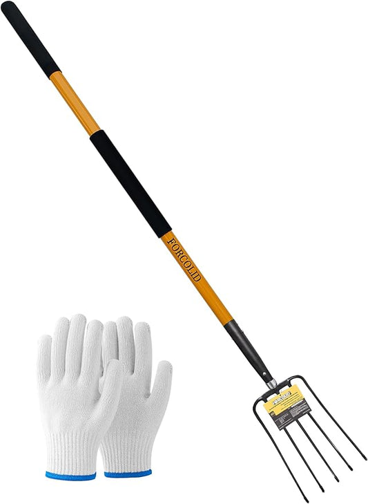 Pitch Fork-58 Inch£¬5-Tine Steel Garden Fork Heavy Duty, Mulch with Cushion Grip, Orange Fiberglass Handle