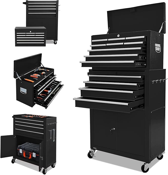 13-Drawer Tool Chest with Double Door Handle,2 in 1 Detachable Rolling Toolbox with Wheels and Drawers,Large Tool Box with Lock (Black)
