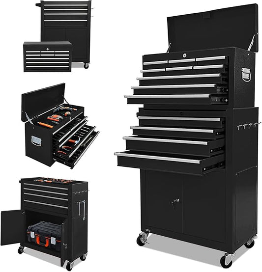 13-Drawer Tool Chest with Double Door Handle,2 in 1 Detachable Rolling Toolbox with Wheels and Drawers,Large Tool Box with Lock (Black)