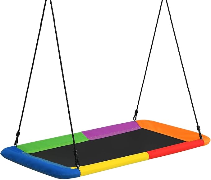 Costzon 700lb Giant 60'' Platform Tree Swing for Kids and Adults, Wear- Resistant Indoor/Outdoor Rectangle Swing with Durable Steel Frame and 2 Hanging Straps for Porch, Backyard (Rainbow)