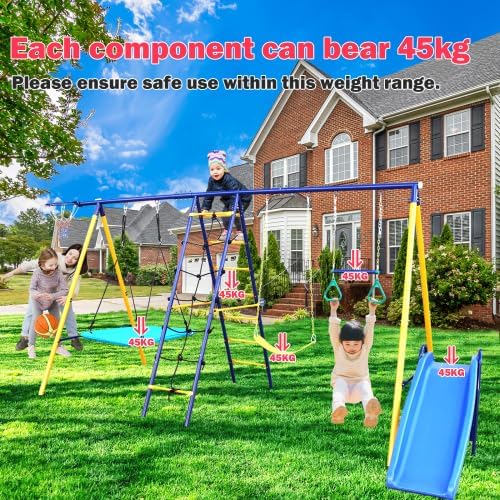 7 in 1 Swing Set for Kids Backyard Outdoor A-Frame Heavy-Duty Metal Swing Sets with Slide, 2 Swing Seats, 1 Climbing Net & Ladder, 1 Gym Ring, 1 Basket, Blue, HK-S026-A