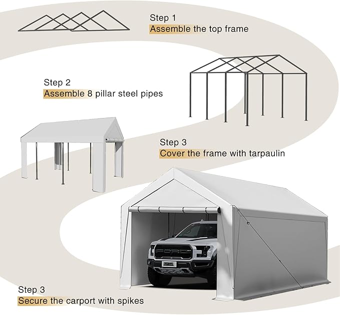 10x20 ft Heavy Duty Carport, Carports Garage with Removable Sidewalls and Reinforced Structure, Outdoor Car Canopy Tent Shelter for Vehicle and Boat (White)
