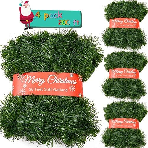 4 Pack 50 Feet Christmas Garland for Outdoor/Indoor Decoration, Soft Greenery Artificial Garland Decorations, Non-lit Green Xmas Garlands Perfect for Party Home Garden and Holiday Festival Decor