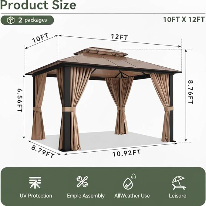 10x12 Hardtop Gazebo with Curtains & Netting, Double Roof Polycarbonate Canopy, Heavy-Duty Aluminum Frame Pergola for Patio, Garden, Deck – All-Weather UV & Rust Resistant