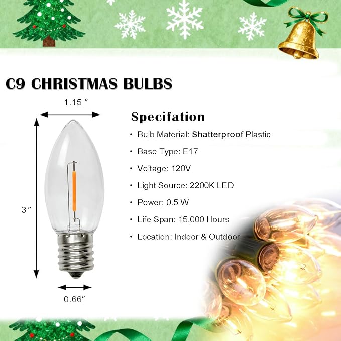 C9 LED Outdoor Christmas Lights,C9 String Lights with Quick Clips,for Xmas House Roof Gutter,Plug in & Connectable,50FT 50 Light,Warm White