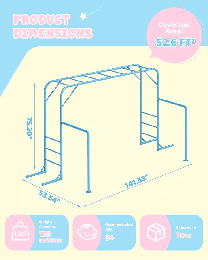 Outdoor Monkey Bar Set with Climbing Frame, Gymnastics bars, Playground Set for Backyards, Metal Monkey Bar for Kids Age 3 and Up, Backyard Playground Set with Powder Coated Steel, SkyBlue