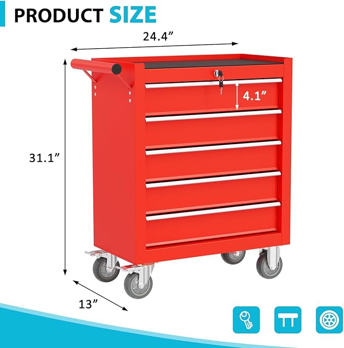 5 Drawers Rolling Tool Chest, Portable Storage Tool Box with Wheels, Tool Chest with Lock for Warehouse, Garage, Repair Shop and Tool Room (Red)