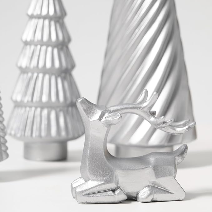 WDS WONDROUS Christmas Decor Trees and Reindeer Figurines Decoration- Sliver Set of 5 Christmas Tree Statues and Deer Decor Set, Resin Ornaments Tabletop Shelf Office Indoor