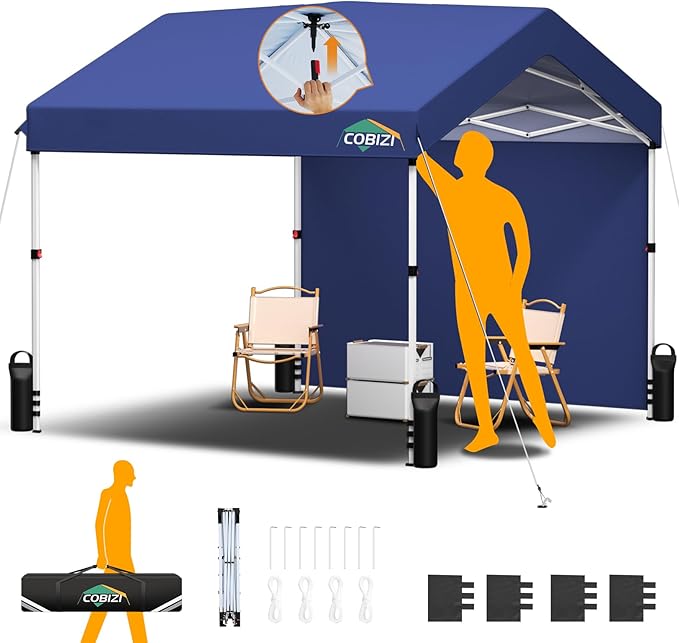 COBIZI 10x10 Pop Up Canopy with One Button Push Center Lock,Ez Up Portable Carport with 1 sidewall,Waterproof UV50+ Outdoor Party Commercial Carport Canopy Gazebos with Carry Bag(10 x 10 ft Dark Blue)